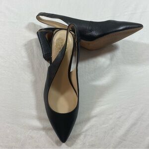 Vince CAMUTO Sling back Heels Women 9M Leather Black Gold Pointy Toe Square heel